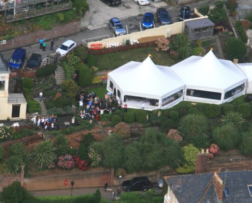 Drone Ariel image of 2 x Hex marquees in Fowey, Cornwall